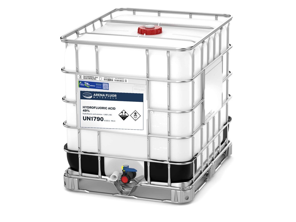 New Schütz ECOBULK MX 1000 IBC with an Arena Fluor hydrofluoric acid 49% label, UN1790